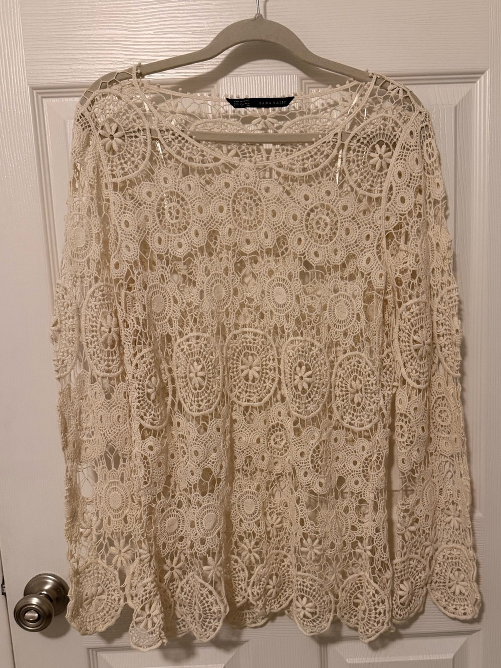 Zara Women’s Boho Crochet Cream Shirt with Bell Sleeves